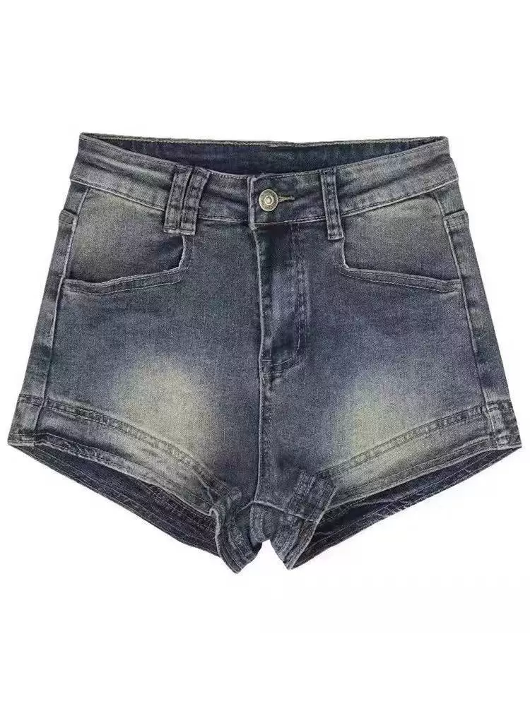 Quần short denim nữ cho mùa hè, mỏng, cỡ lớn, lưng cao, co giãn, che hông, nhỏ nhắn, tăng chiều cao, giảm béo, quần chữ A