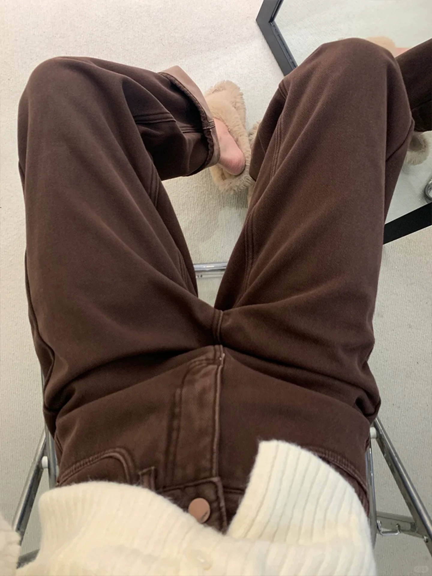 Quần jean ống rộng dày lót lông cừu màu cà phê dành cho nữ, mùa thu đông, cỡ lớn, lưng cao, dáng rộng, quần ống thẳng không bó sát