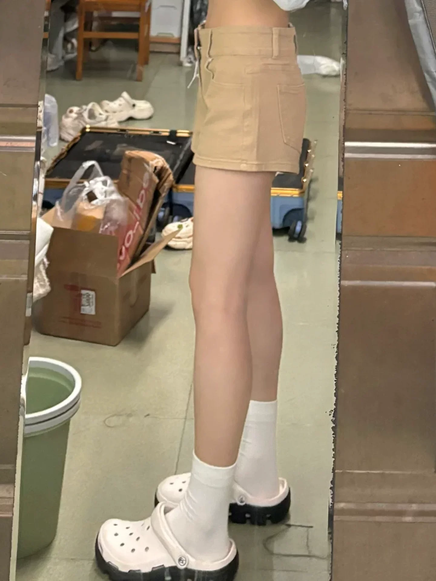 Quần short denim chữ A màu kaki dành cho nữ, cỡ lớn mùa hè, lưng cao, che hông, giảm béo, dáng quả lê, quần ống rộng