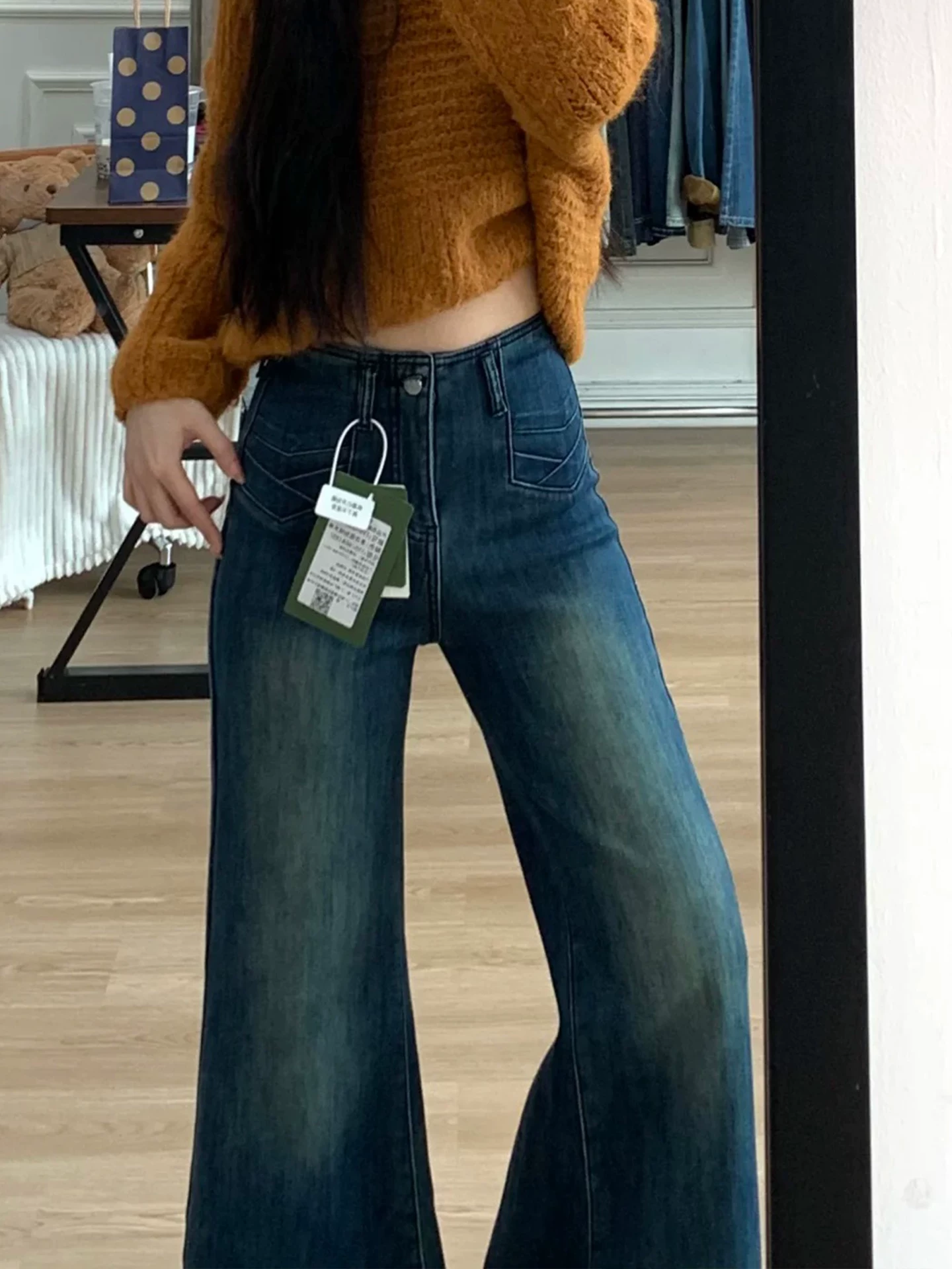 Quần jean ống loe cổ điển dành cho nữ, mùa thu đông, lót lông cừu, dày dặn, cỡ lớn, cạp cao, rộng rãi, tôn dáng, ống rộng, kiểu chuông.