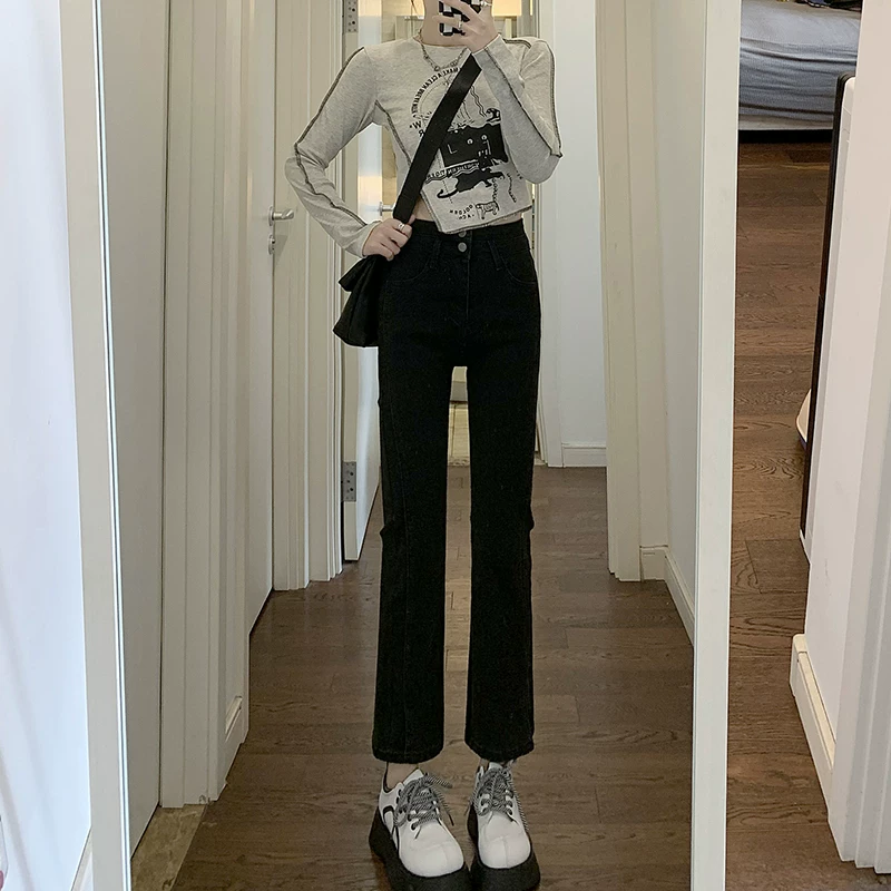 Quần jean xẻ tà dáng rộng cho nữ, trang phục đầu xuân, quần ống đứng co giãn cao cấp, cạp cao, tôn dáng, kiểu dáng ôm sát, quần ống thuốc lá ngắn, hợp thời trang