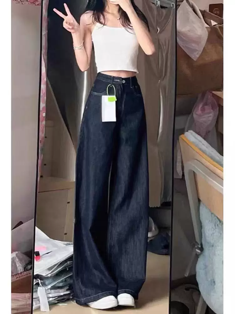 Quần jeans ống rộng màu xanh đậm dành cho nữ, xuân 2025, size lớn, cạp cao, dáng rộng, tôn dáng, dành cho người có dáng quả lê, quần ống thẳng