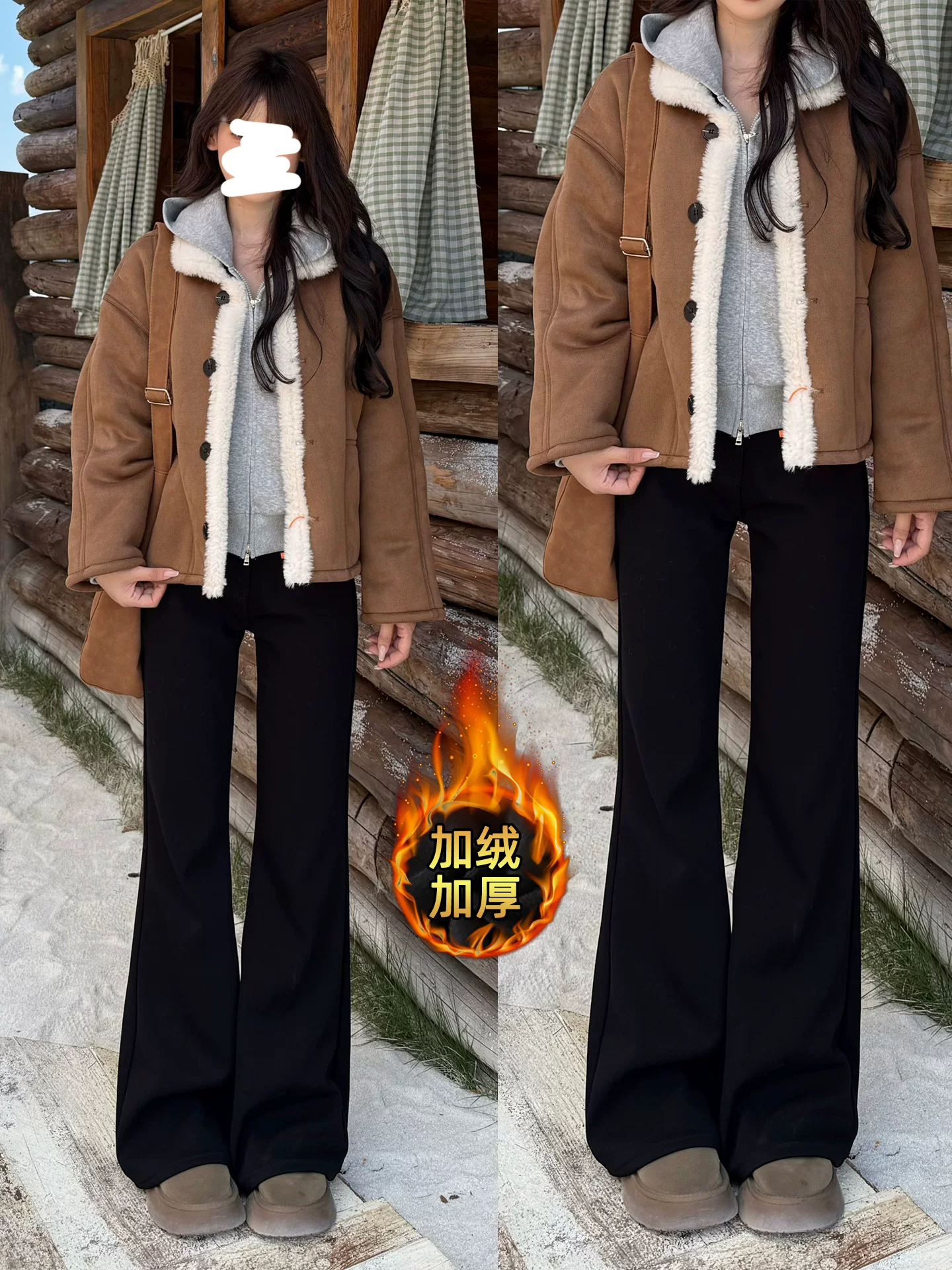 Quần jean đen ống loe lót lông cừu dành cho nữ, mùa đông 2025, size lớn, cạp cao, co giãn, tôn dáng, dáng nhỏ nhắn, quần ống chuông