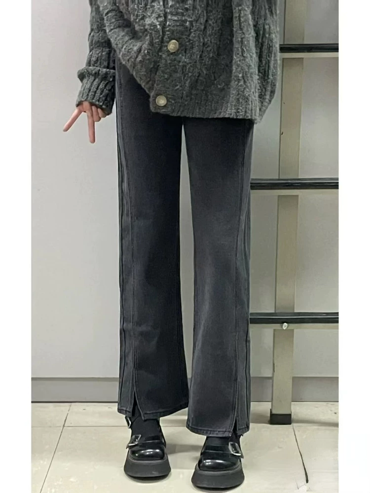 Quần jean ống đứng dáng lê dành cho nữ, cỡ lớn, phong cách đầu thu, lưng cao, che hông, dáng rộng, quần ống rộng giúp thon gọn