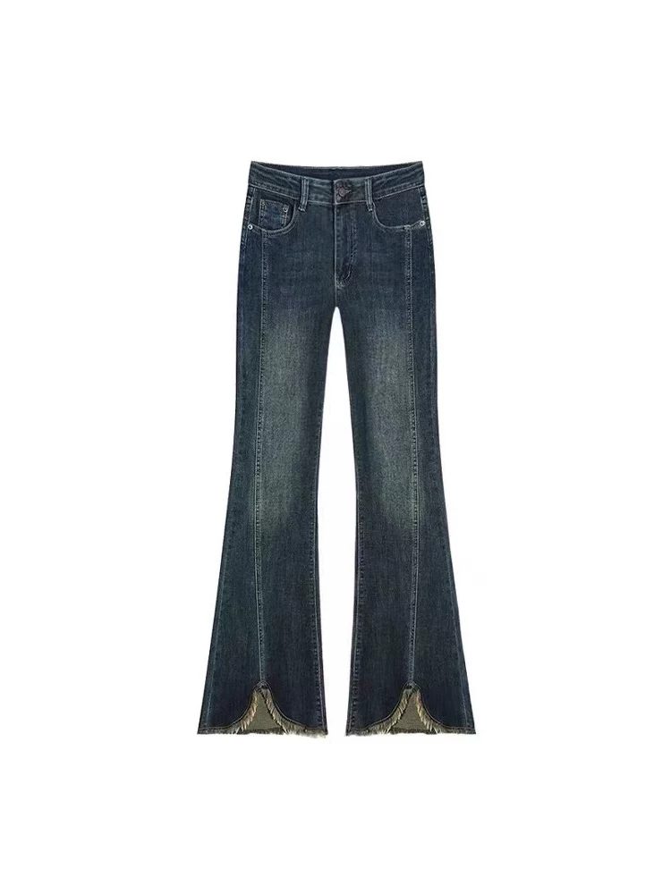 Quần jean xẻ tà dành cho nữ, mùa thu đông, lót lông cừu, cỡ lớn, lưng cao, co giãn, thon gọn, dáng quả lê, quần ống loe