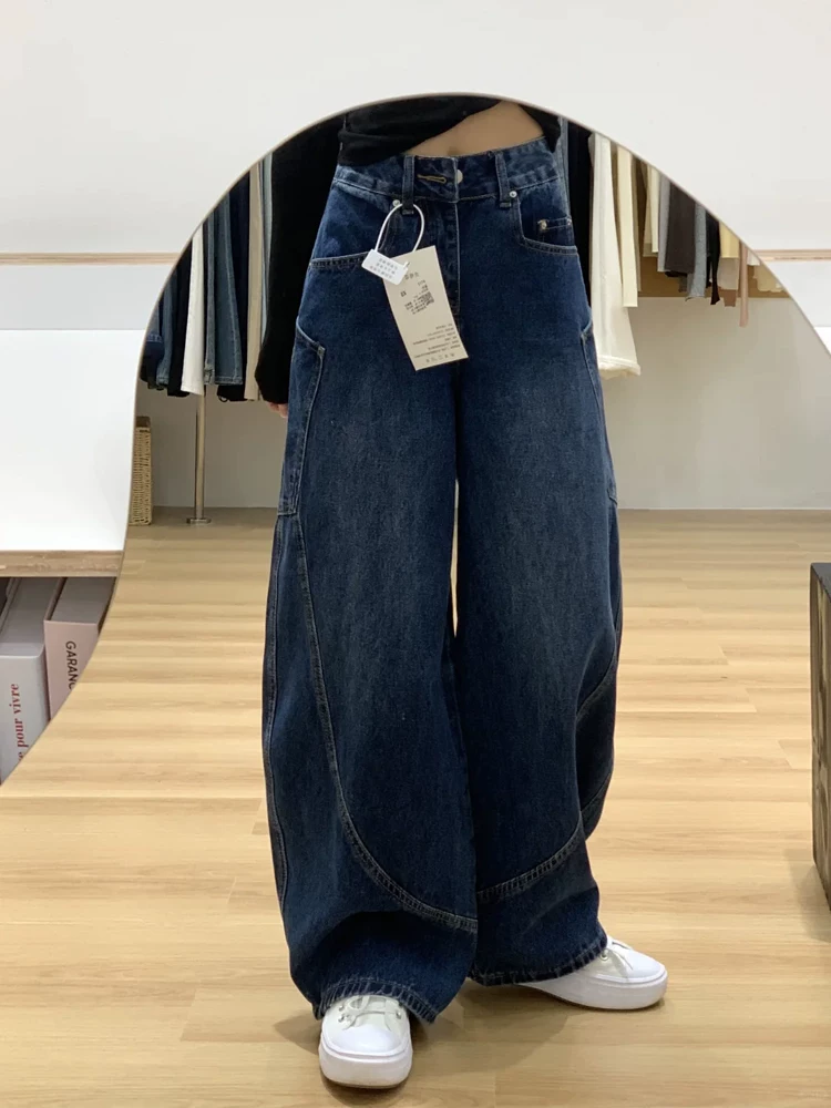 Quần jeans dáng scimitar vintage nữ xuân 2025, size lớn, cạp cao, rộng rãi, tôn dáng, ống rộng, dài chạm sàn