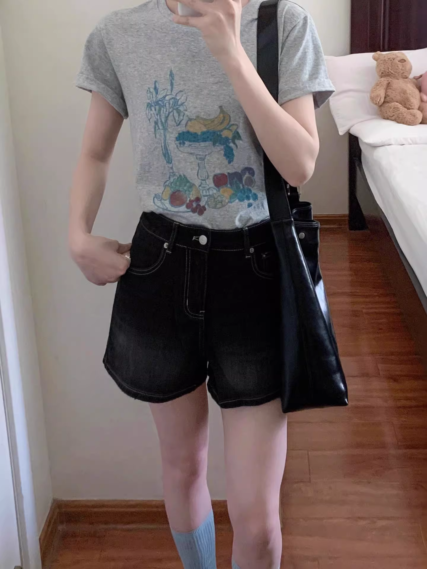 Quần short denim màu đen và xám dành cho nữ, cỡ lớn mùa hè, lưng cao, co giãn, che hông, giảm béo, dáng quả lê, quần chữ A