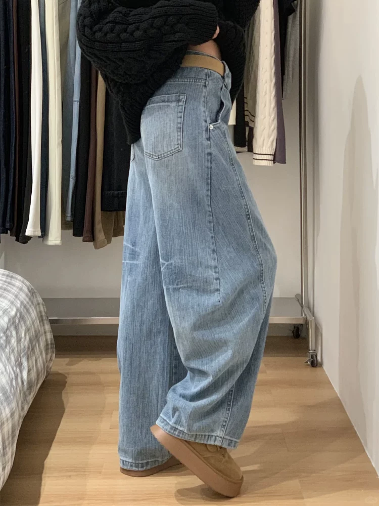 Quần jean kiểu cổ điển Mỹ dành cho nữ, phong cách thu đông mới, cỡ lớn, lưng cao, dáng rộng, che hông, giảm béo, quần ống rộng