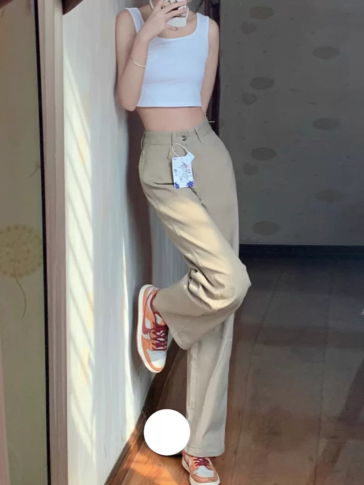 Quần jean kaki ống thẳng cho nữ, phong cách đầu thu, cỡ lớn, lưng cao, che hông, giảm béo, dáng quả lê, quần ống rộng