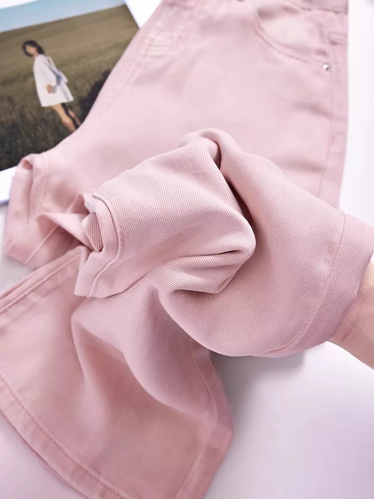 Quần jean Tencel màu hồng dành cho nữ, cỡ lớn mùa hè, lưng cao, dáng rộng, thon gọn, dáng quả lê, quần ống rộng bằng vải lụa băng