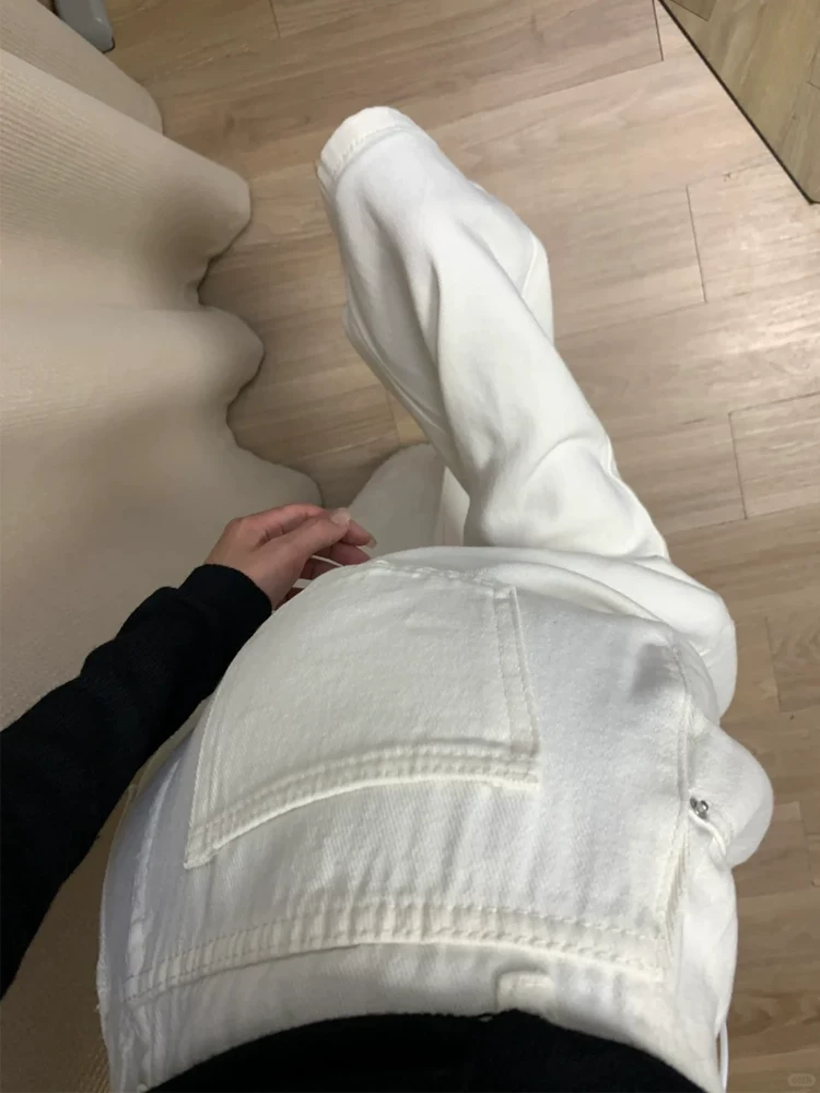 Quần jean ống rộng màu trắng dành cho nữ, mùa xuân hè, cỡ lớn, lưng cao, dáng rộng, thon gọn, dáng quả lê, ống thẳng, quần dài chạm sàn