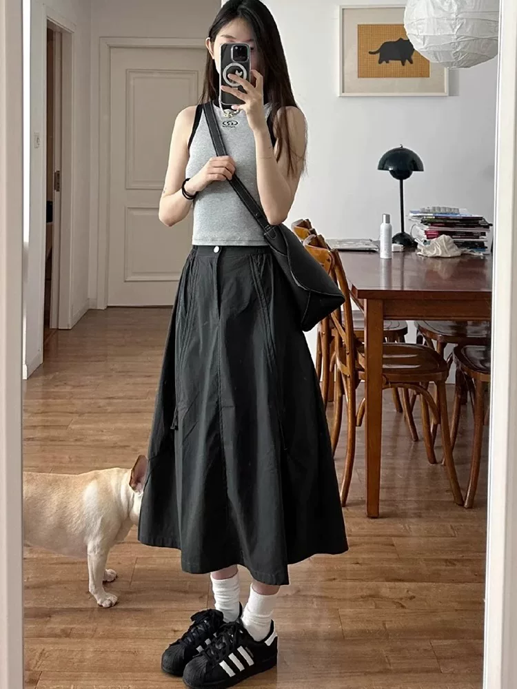 Váy công sở kiểu Mỹ dành cho nữ, cỡ lớn mùa hè, cạp cao, che hông, váy chữ A che hông, dáng dài vừa phải, váy nhanh khô.