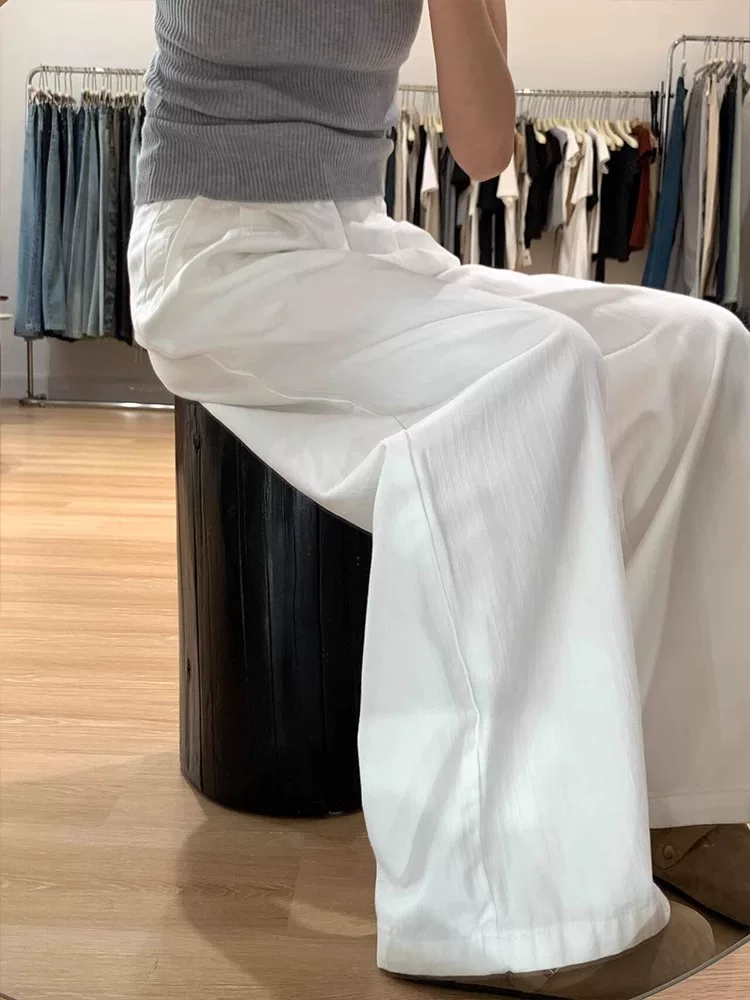 Quần âu nữ ống đứng màu trắng, hè 2025, chất liệu mỏng, size lớn, cạp cao, dáng rộng, suôn mềm, tôn dáng, quần ống rộng