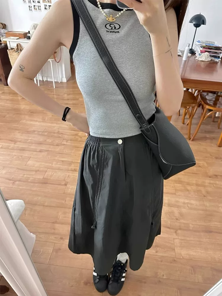 Váy công sở kiểu Mỹ dành cho nữ, cỡ lớn mùa hè, cạp cao, che hông, váy chữ A che hông, dáng dài vừa phải, váy nhanh khô.