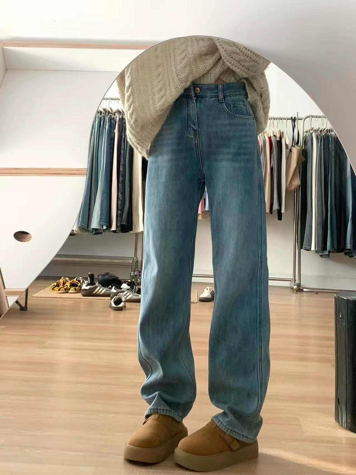 Quần jean ống đứng lưng cao màu xanh lam dành cho nữ, mùa thu đông, cỡ lớn, lót lông cừu, dày dặn, giảm béo, dáng quả lê, quần ống rộng