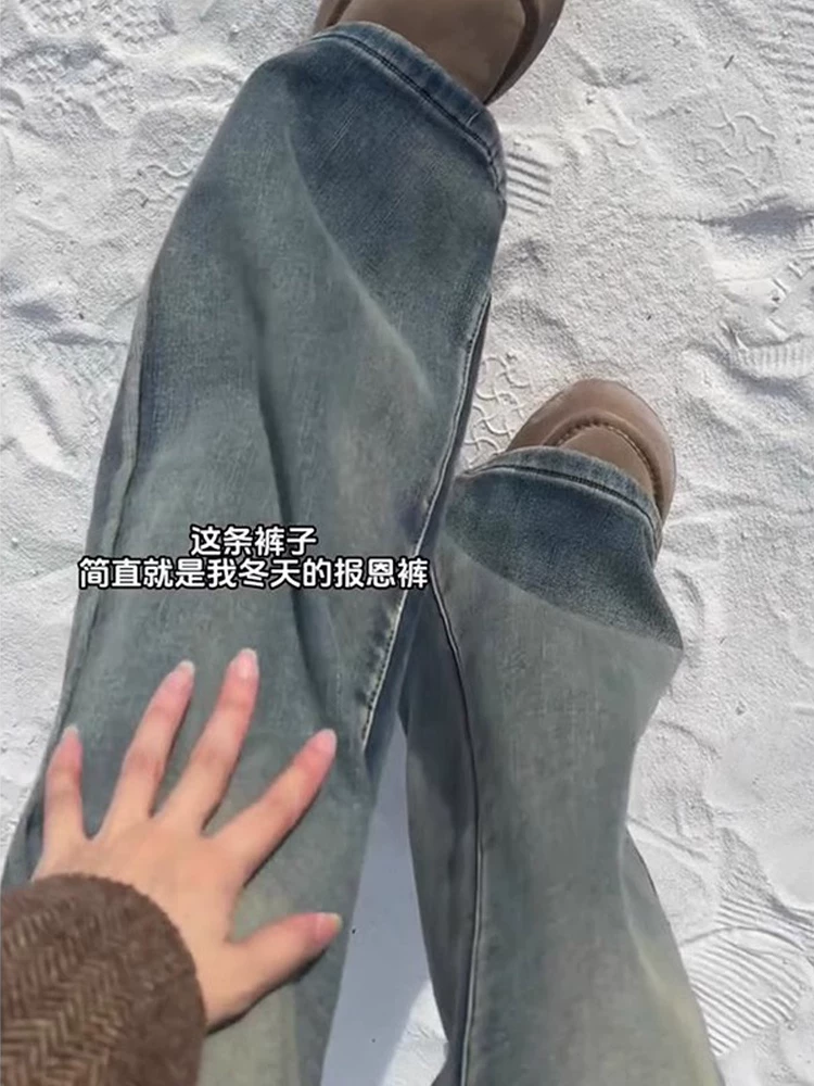 Quần jeans ống loe màu xanh retro dành cho nữ mùa thu đông, lót lông cừu, size lớn, eo cao, tôn dáng, co giãn, dành cho người có dáng quả lê, quần ống chuông