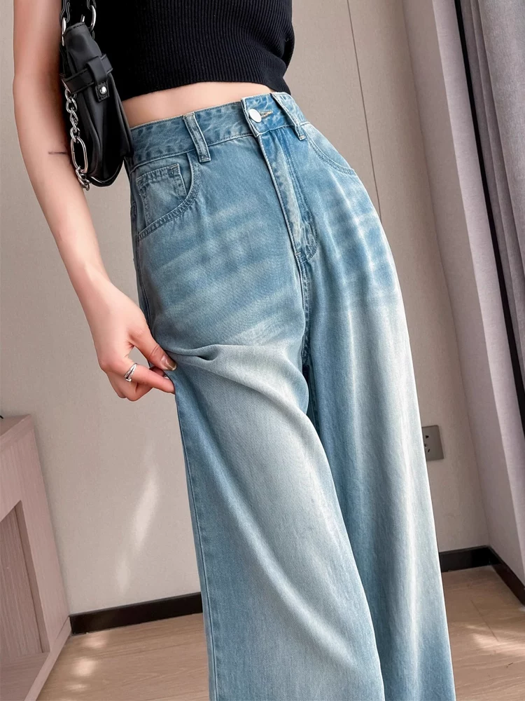 Quần jean lụa băng màu sáng hình quả lê dành cho nữ, kiểu dáng mỏng mùa hè, cỡ lớn, lưng cao, dáng rộng, giảm béo, quần ống rộng Tencel