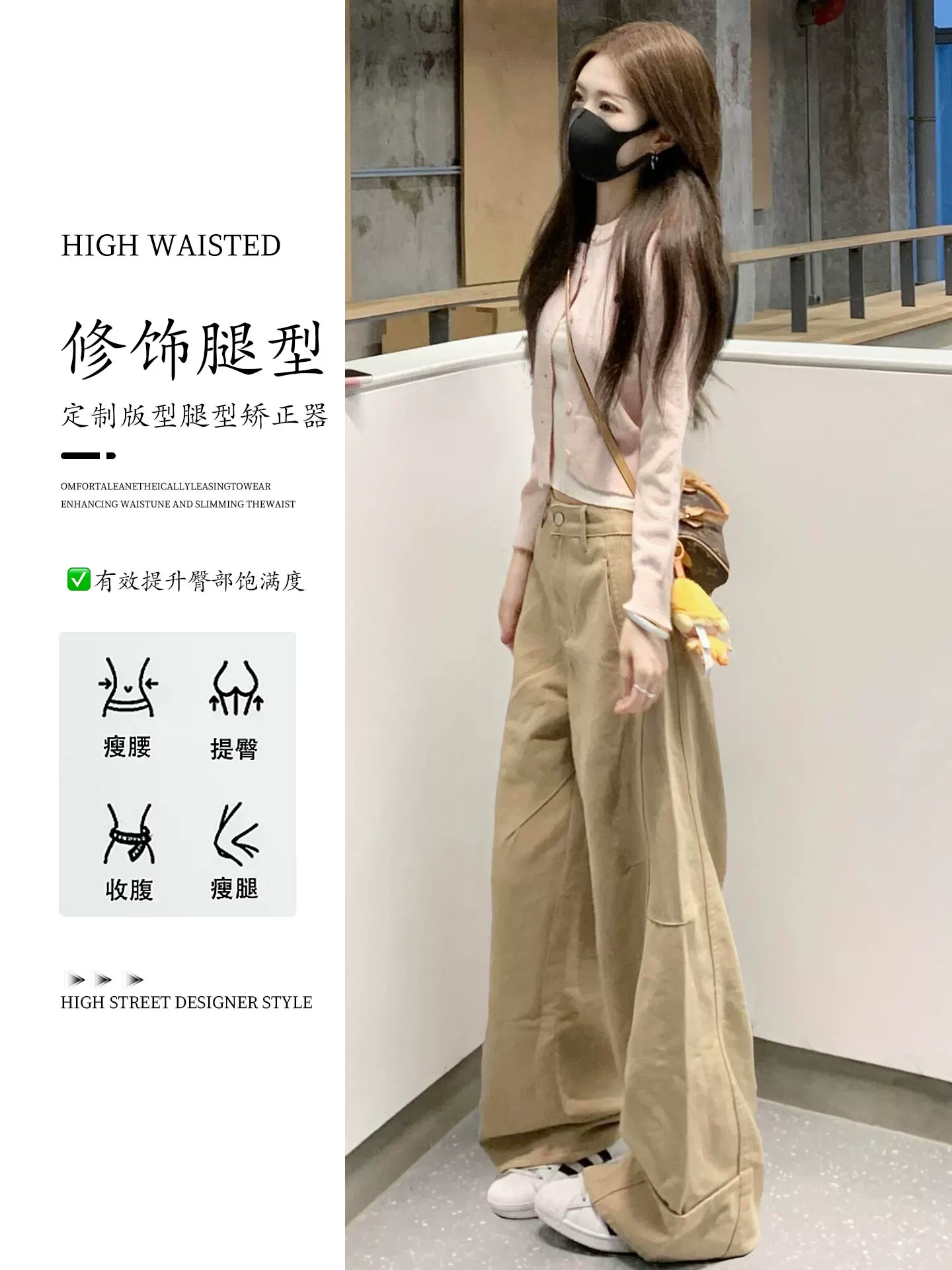 Quần jean màu kaki dành cho nữ, mùa thu đông, cỡ lớn, lưng cao, dáng rộng, che hông, giảm béo, dáng quả lê, quần ống rộng