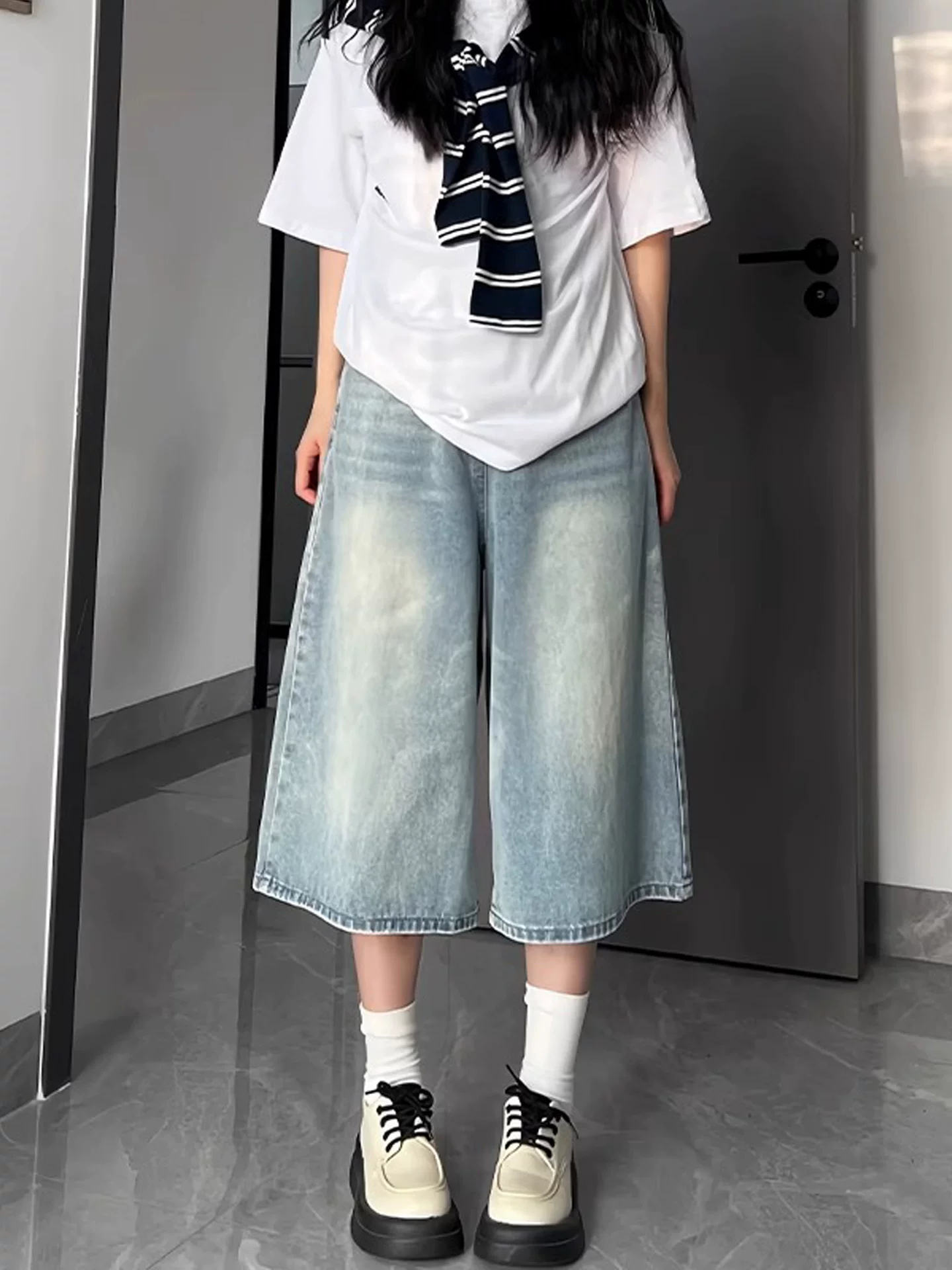 Quần jean ống rộng màu xanh nhạt dành cho nữ, size lớn mùa hè, cạp cao, dáng rộng, tôn dáng, quần dài vừa phải ống thẳng