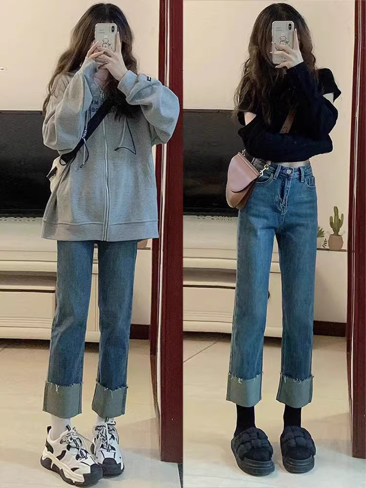 Quần jean ống đứng dáng lê dành cho nữ, phong cách đầu thu, cỡ lớn, lưng cao, che hông, giảm béo, bo gấu, quần ống lửng kiểu thuốc lá