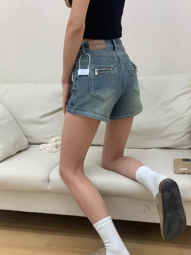 Quần short denim cay cay kiểu Mỹ dành cho nữ, cỡ lớn mùa hè, lưng cao, giảm béo, dáng quả lê, quần ống rộng chữ A