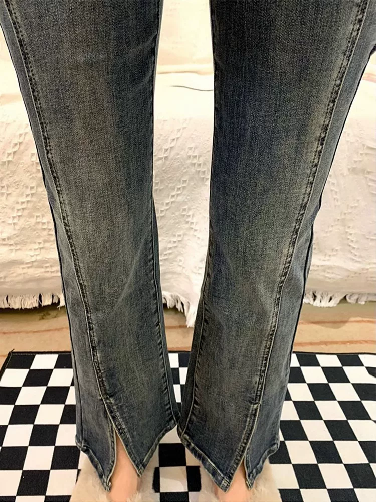 Quần jean dáng chuông dành cho nữ, phong cách đầu thu, cỡ lớn, lưng cao, co giãn, che hông, giảm béo, quần ống loe ngắn