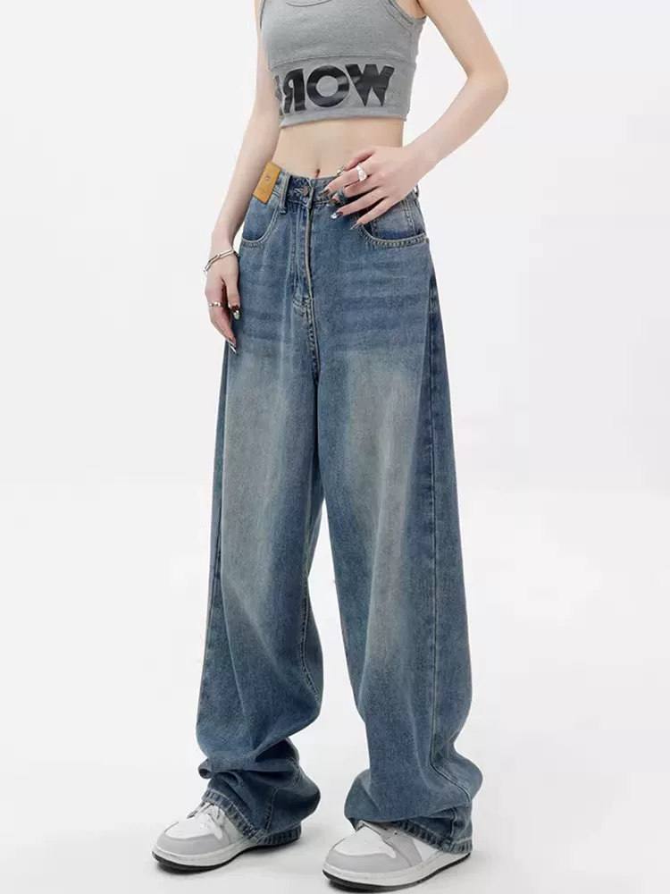 Quần jean ống thẳng dáng quả lê dành cho nữ, cỡ lớn, phong cách đầu thu, lưng cao, dáng rộng, dáng suông, quần dài rộng, dài đến sàn