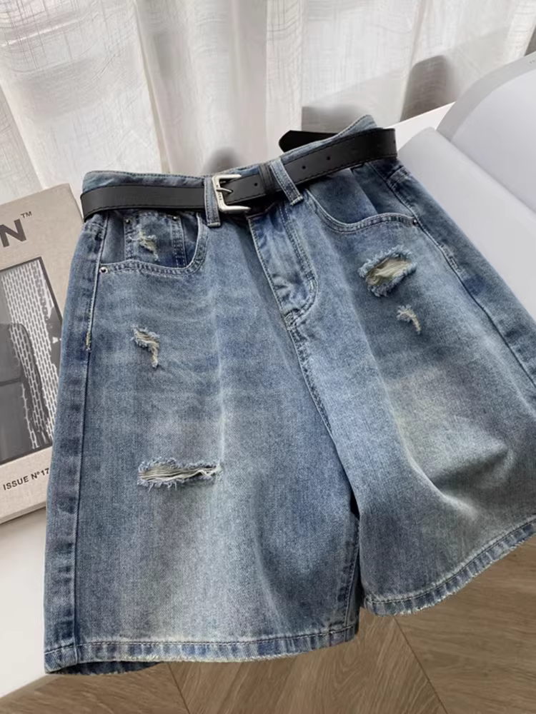 Quần short denim rách dáng quả lê dành cho nữ, size lớn mùa hè, dáng nhỏ nhắn, lưng cao, rộng rãi, tôn dáng, quần ống rộng năm phần