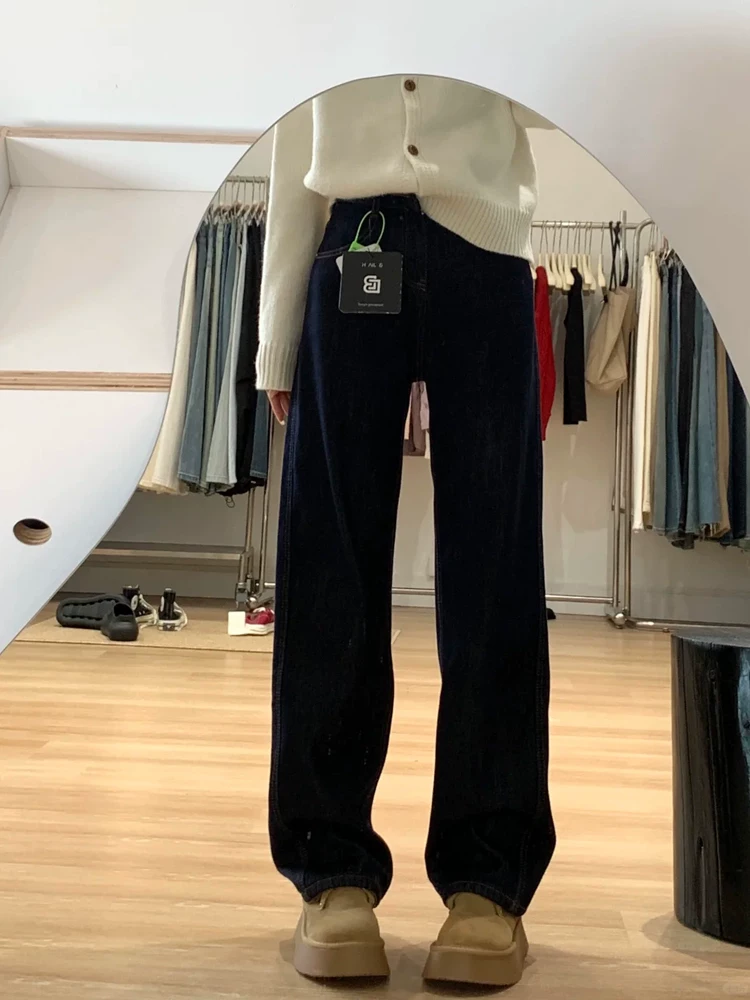 Quần jean ống thẳng dày lót lông màu xanh đậm dành cho nữ, kiểu dáng thu đông mới, cỡ lớn, cạp cao, che hông, quần ống rộng giúp thon gọn.