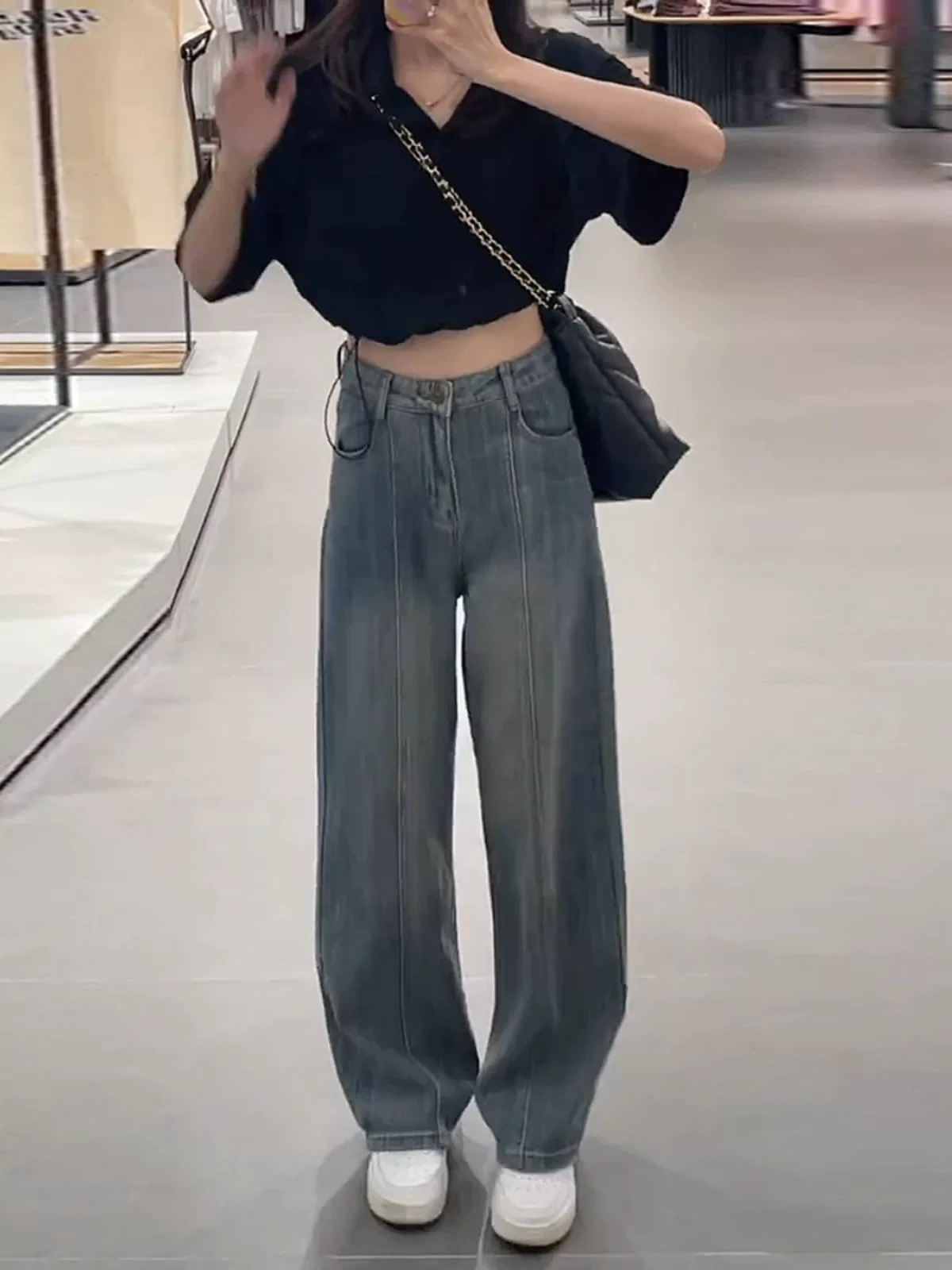 Quần jean ống đứng cổ điển dành cho nữ, cỡ lớn, thiết kế đầu thu, lưng cao, dáng rộng, che hông, giảm béo, quần ống rộng