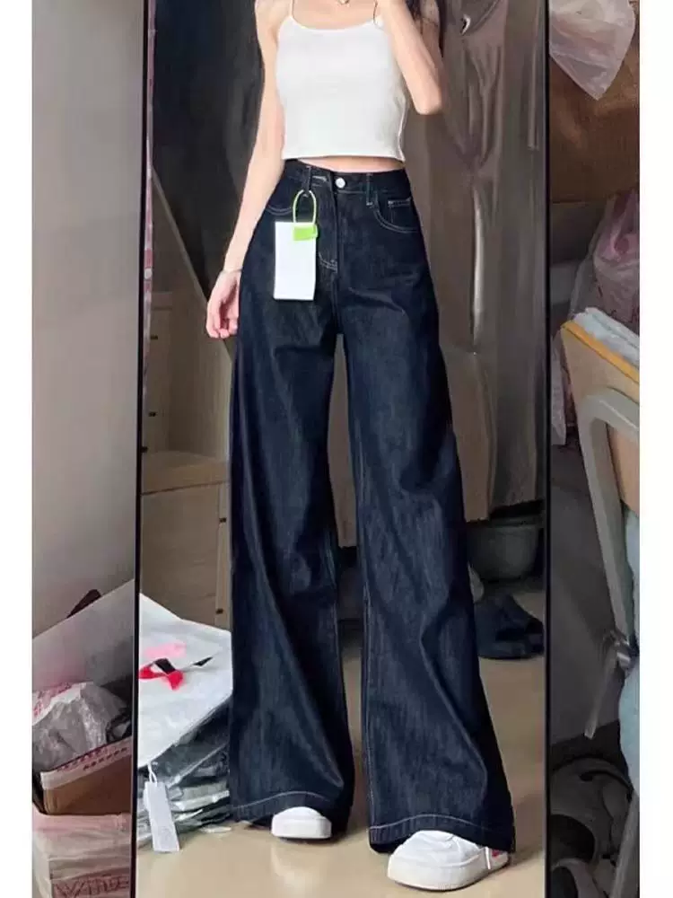 Quần jeans ống rộng màu xanh đậm dành cho nữ, xuân 2025, size lớn, cạp cao, dáng rộng, tôn dáng, dành cho người có dáng quả lê, quần ống thẳng
