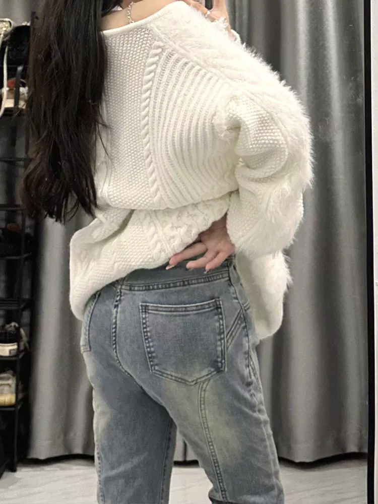 Quần jean ống đứng hơi loe, dáng quả lê, dành cho nữ, size lớn, phong cách đầu thu, cạp cao, co giãn, tôn dáng, viền quần xù