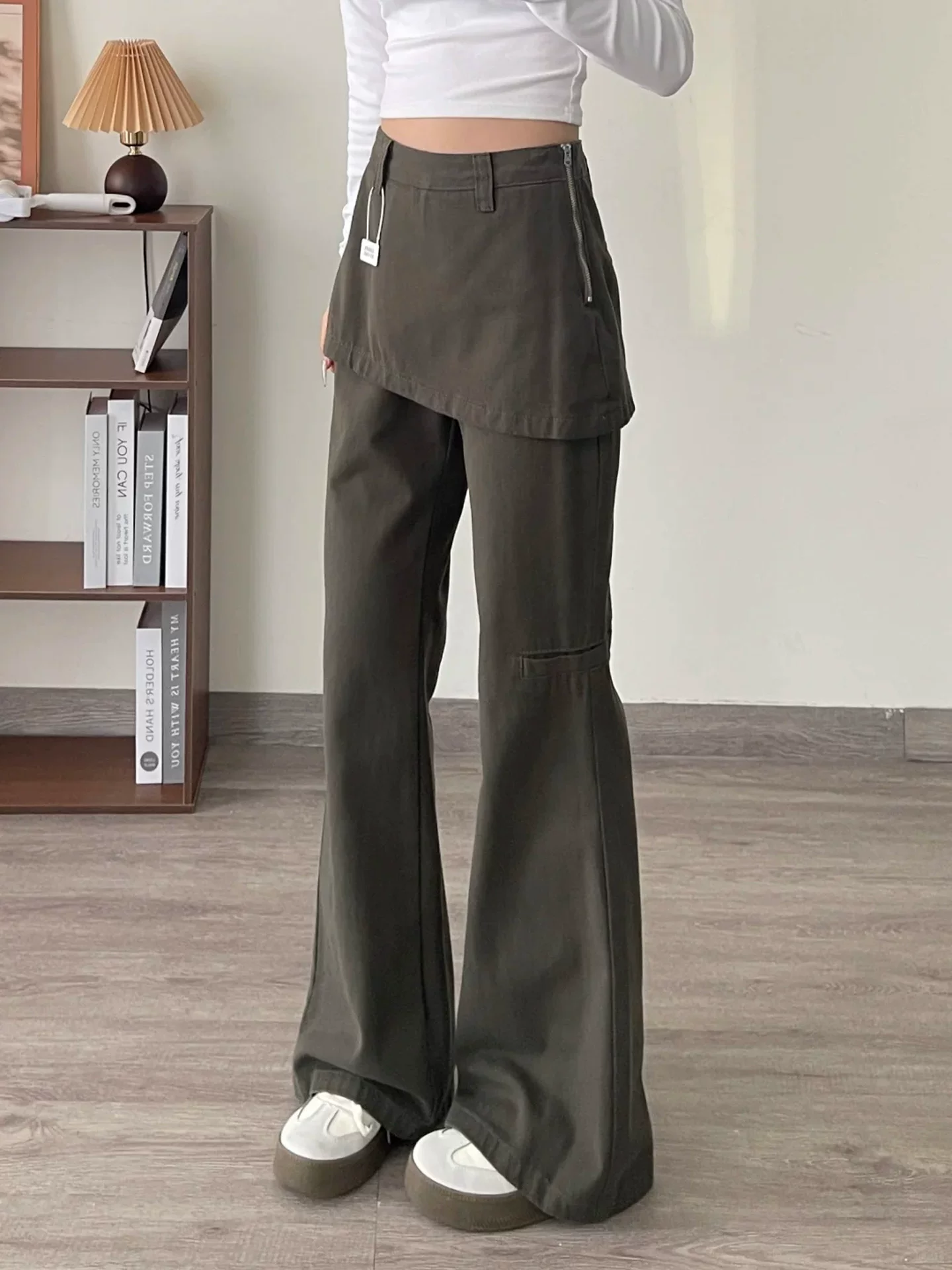 Quần jean giả hai mảnh kiểu Mỹ dành cho nữ, mùa thu, cỡ lớn, lưng cao, che hông, giảm béo, không bó sát, quần ống rộng kiểu công sở