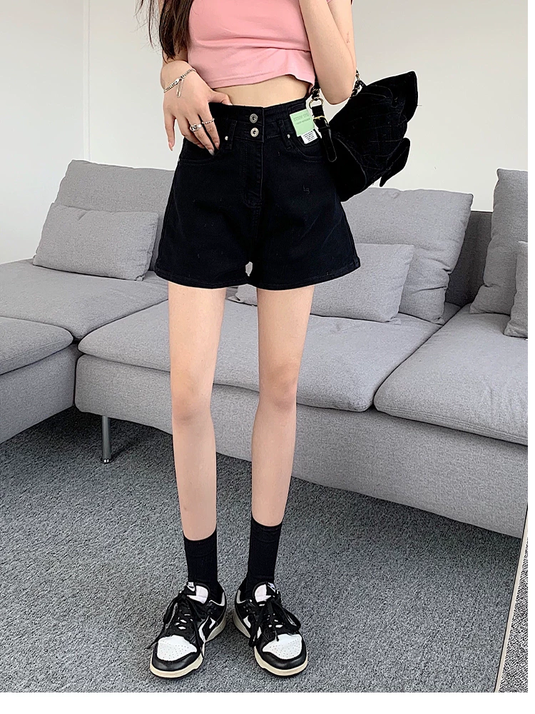 Quần short denim lưng cao màu đen dành cho nữ, kiểu dáng mỏng mùa hè, cỡ lớn, giảm béo, che bụng, quần ống rộng dáng chữ A nhỏ nhắn.