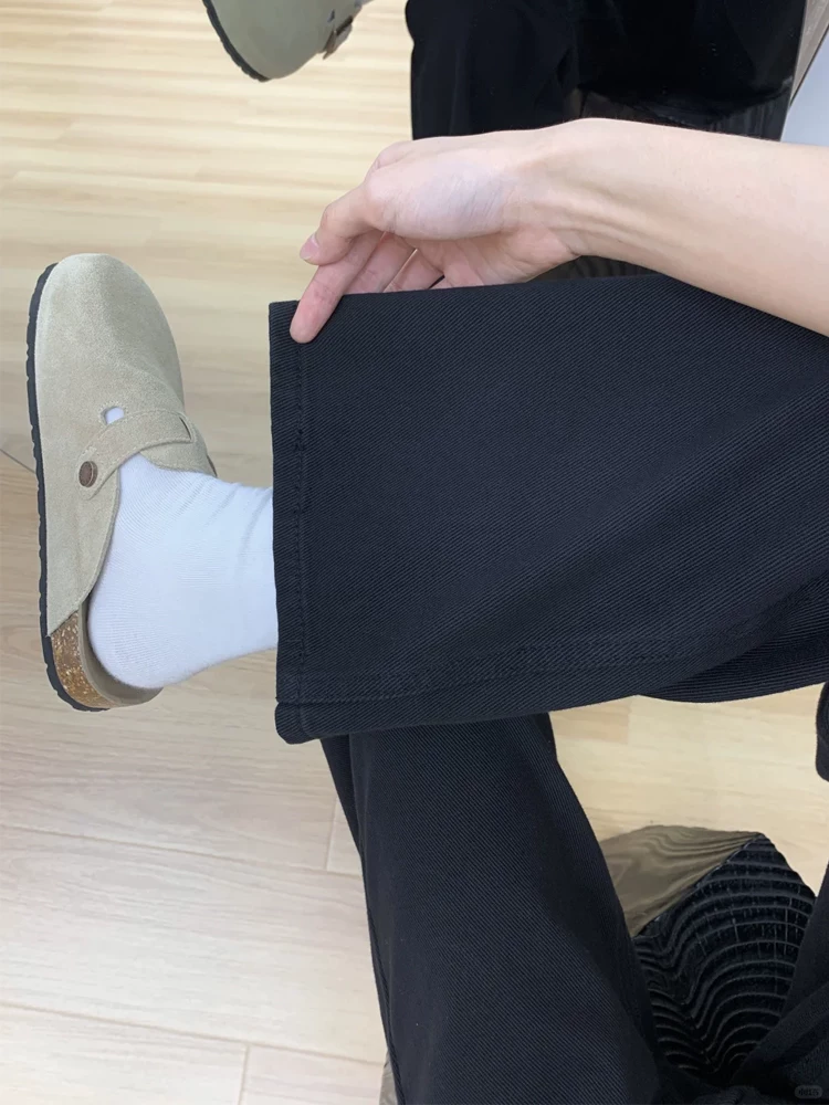 Quần jean ống rộng màu đen dành cho nữ, phong cách mới đầu xuân, cỡ lớn, lưng cao, dáng rộng, giảm béo, dáng quả lê, quần ống thẳng