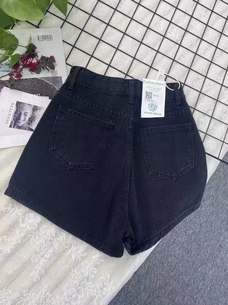 Quần short denim đen cho nữ, cỡ lớn mùa hè, lưng cao, che hông, giảm béo, dáng quả lê, quần ống rộng chữ A