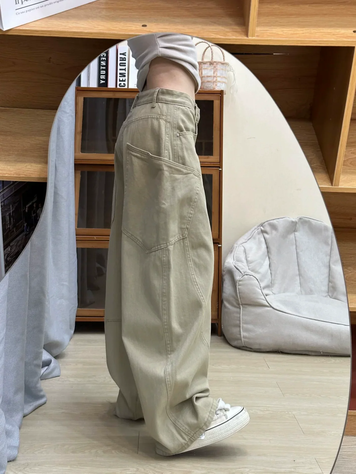 Quần jean kiểu Mỹ cổ điển màu kaki dành cho nữ, mùa thu 2025, size lớn, cạp cao, dáng rộng, tôn dáng, quần ống rộng