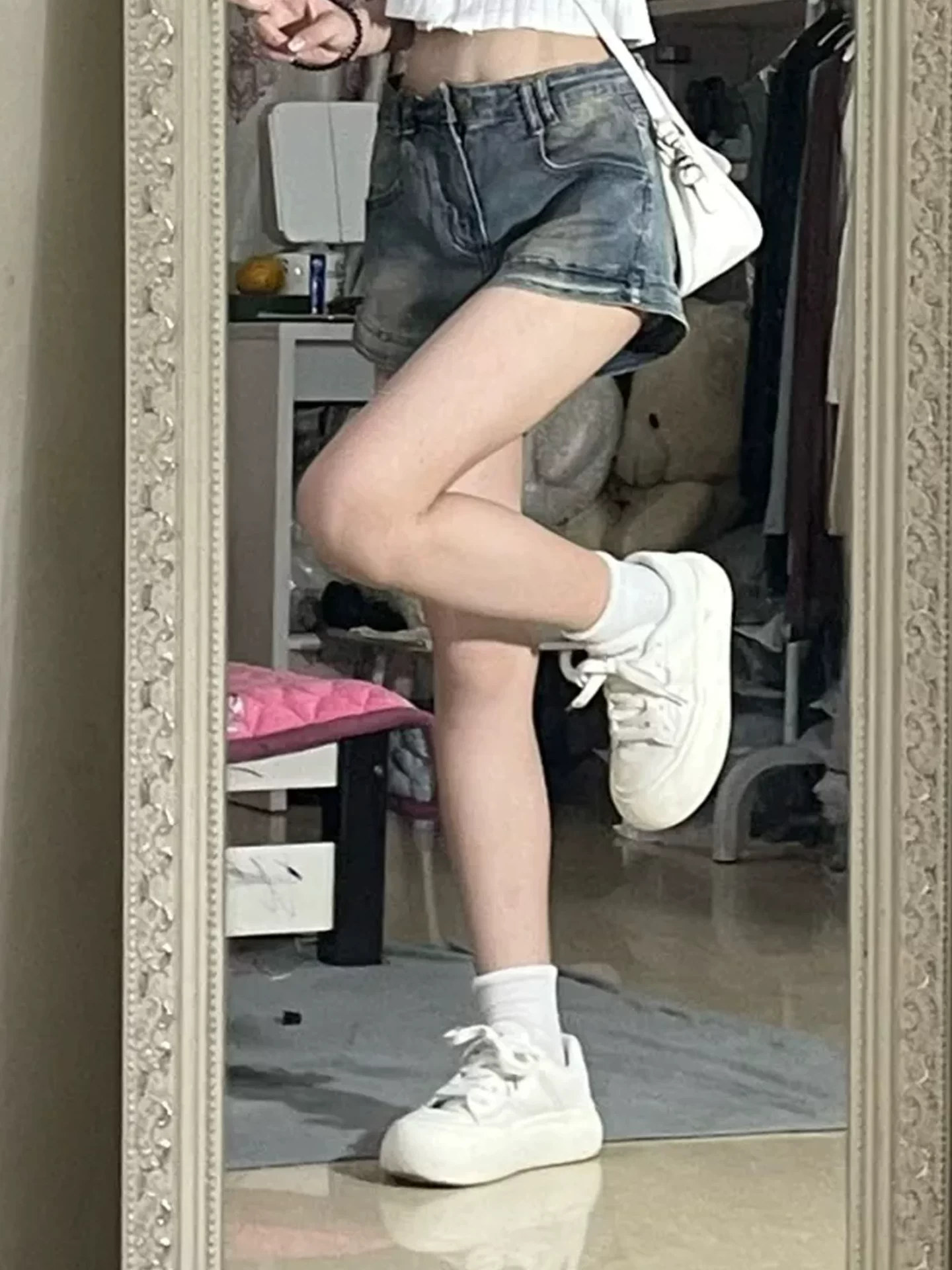 Quần short denim nữ cho mùa hè, mỏng, cỡ lớn, lưng cao, co giãn, che hông, nhỏ nhắn, tăng chiều cao, giảm béo, quần chữ A