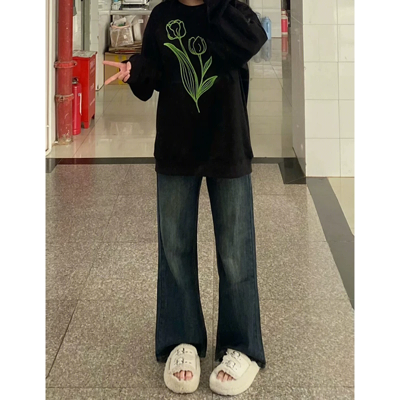 Quần jean ống thẳng màu xanh cổ điển hình quả lê dành cho nữ, phong cách đầu xuân, quần ống rộng dáng rộng cạp cao cỡ lớn giúp giảm béo