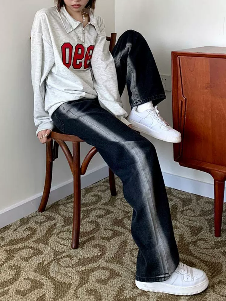 Thân hình quả lê, hông và đùi dày, quần jean giảm béo cho nữ, mặc đầu thu, cỡ lớn, dáng rộng, quần ống rộng dáng thẳng giảm béo