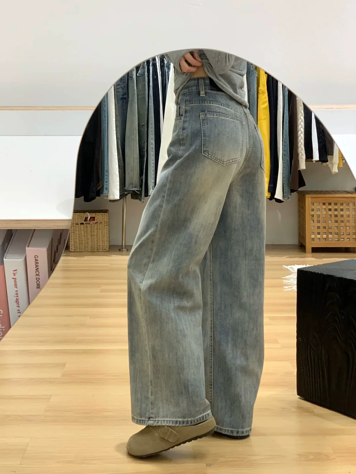 Quần jean ống đứng màu xanh cổ điển dành cho nữ, phong cách đầu thu, cỡ lớn, lưng cao, dáng rộng, tôn dáng, dáng quả lê, quần ống rộng