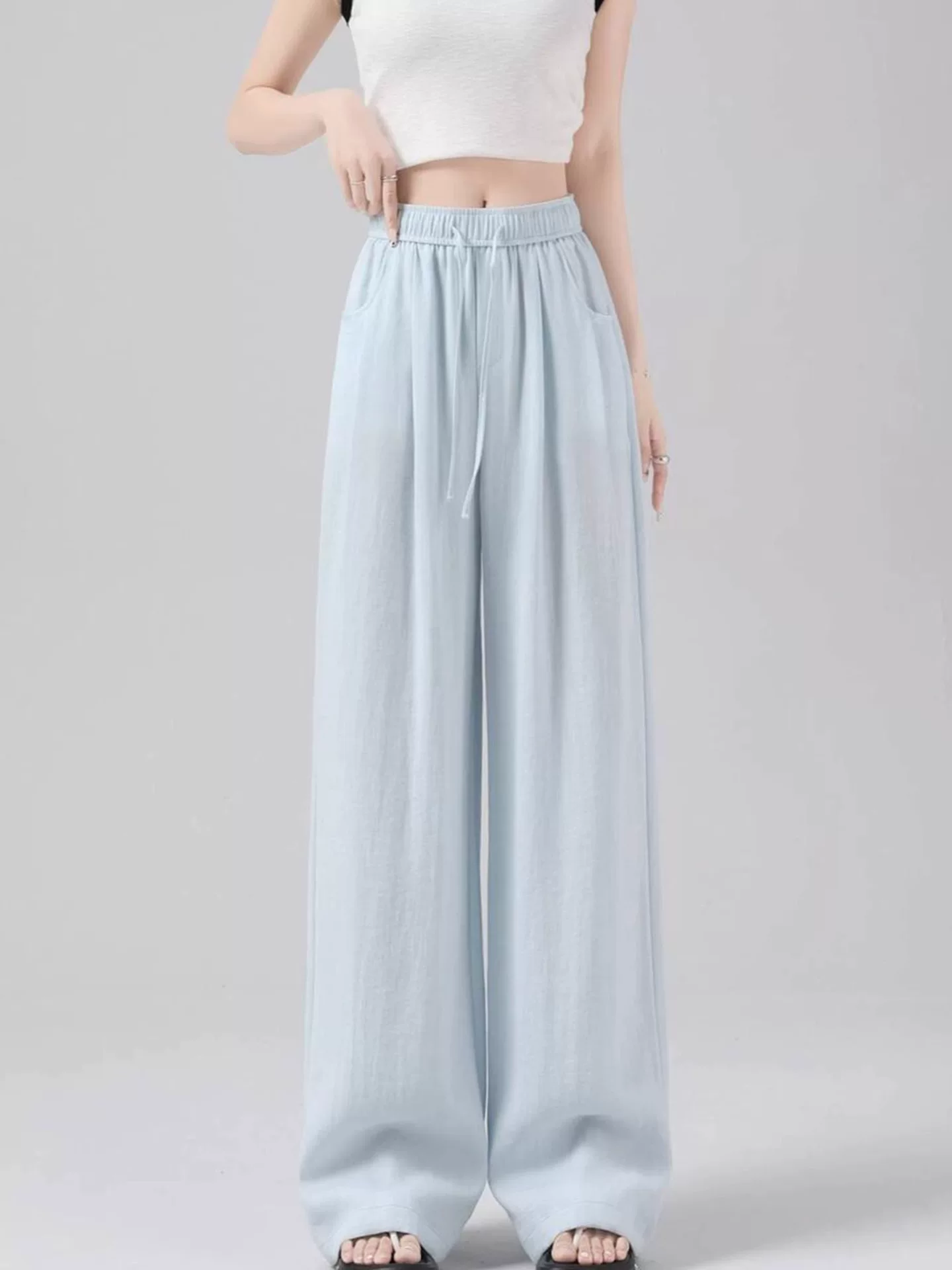 Quần ống rộng vải lanh màu xanh dành cho nữ, mùa hè, cỡ lớn, lưng cao, giảm béo, dáng suôn, dáng quả lê, quần cotton-linen thường ngày chất liệu Tencel