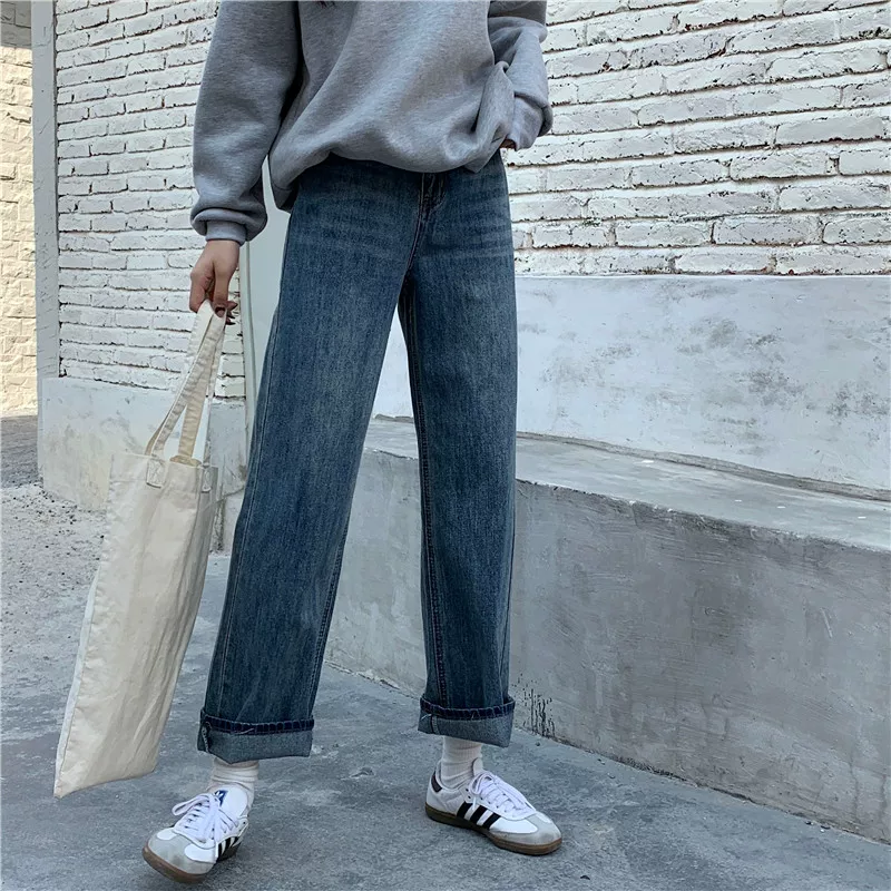 Quần jean ống đứng dáng quả lê dành cho nữ, phong cách mới đầu thu, quần ống rộng cạp cao dáng rộng cỡ lớn, quần ống rộng cỡ lớn.