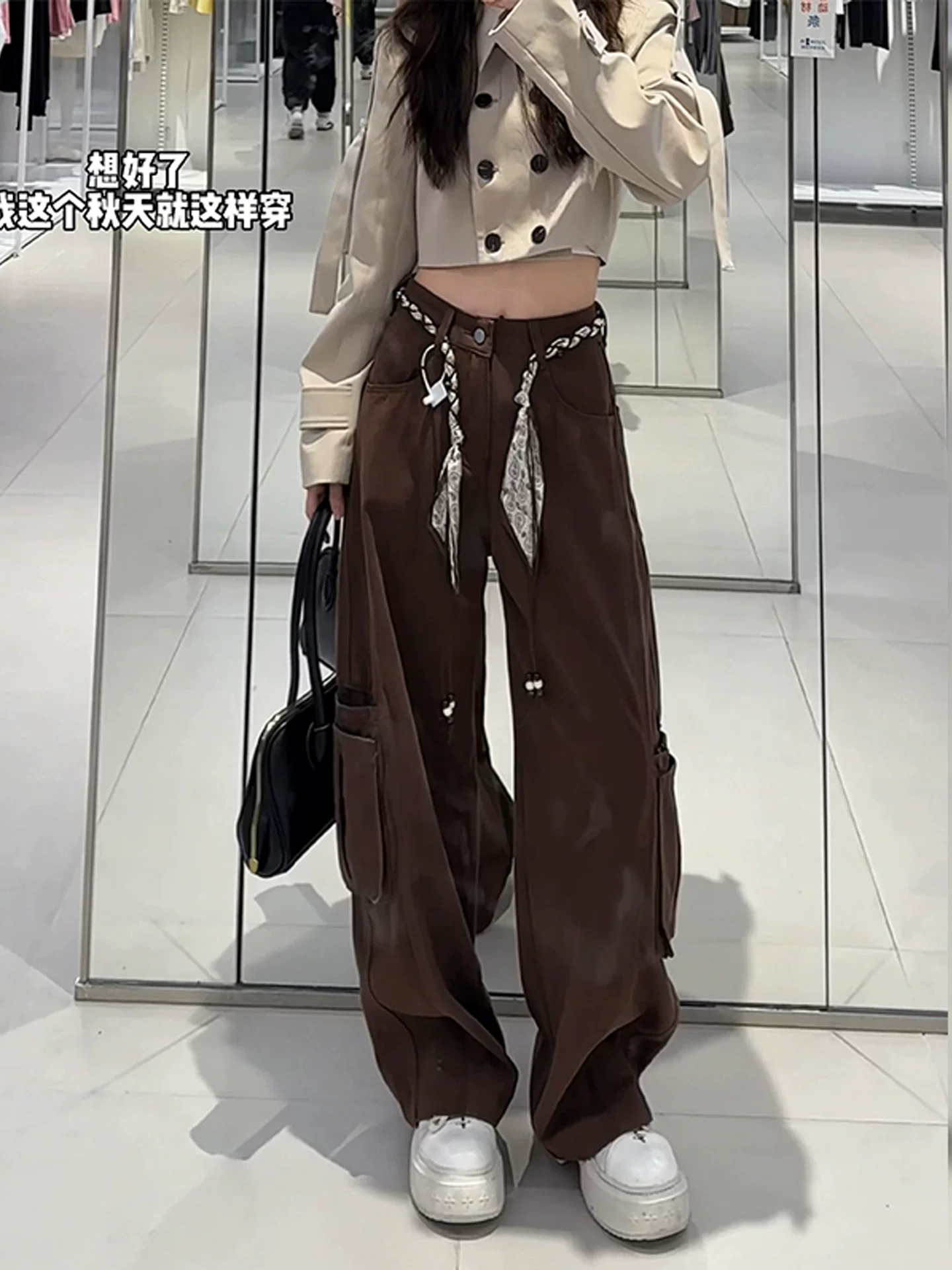 Quần âu màu cà phê Melard dành cho nữ, thiết kế mùa thu 2025, size lớn, cạp cao, dáng rộng, tôn dáng, ống rộng