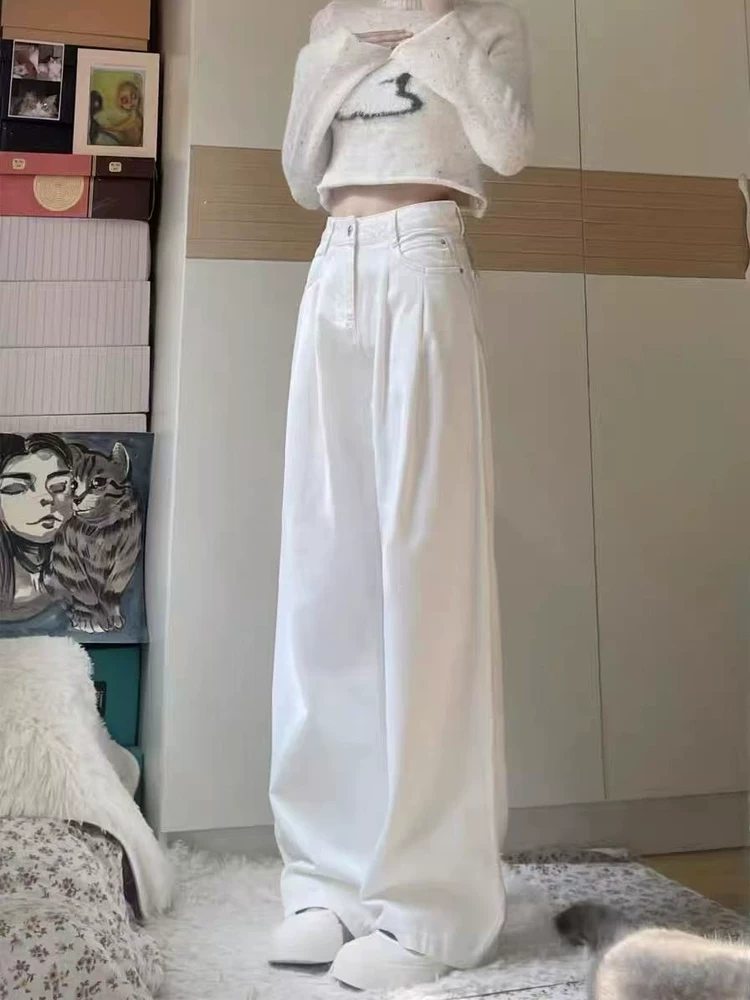 Quần jeans Tencel trắng nữ, hè 2025, mỏng, size lớn, cạp cao, rộng rãi, tôn dáng, chất liệu lụa đá, quần ống rộng