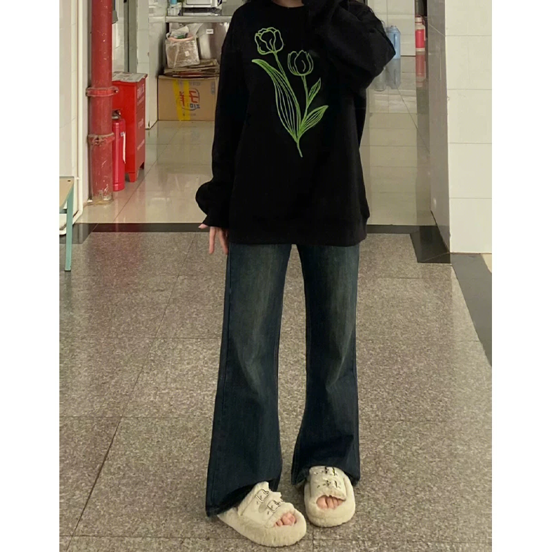 Quần jean ống thẳng màu xanh cổ điển hình quả lê dành cho nữ, phong cách đầu xuân, quần ống rộng dáng rộng cạp cao cỡ lớn giúp giảm béo