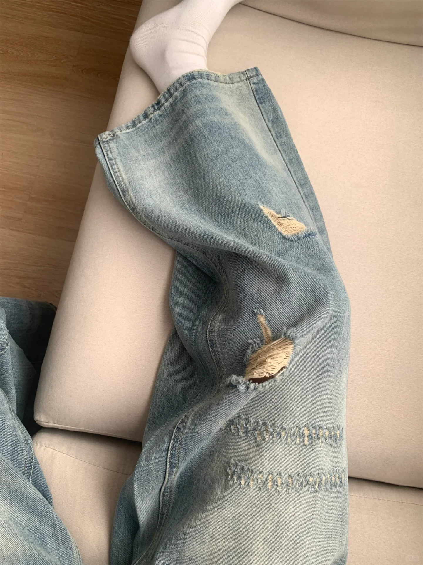 Quần jeans rách nữ, kiểu mới đầu thu 2025, size lớn, cạp cao, dáng rộng, tôn dáng, quần ống rộng thẳng, phong cách thường ngày