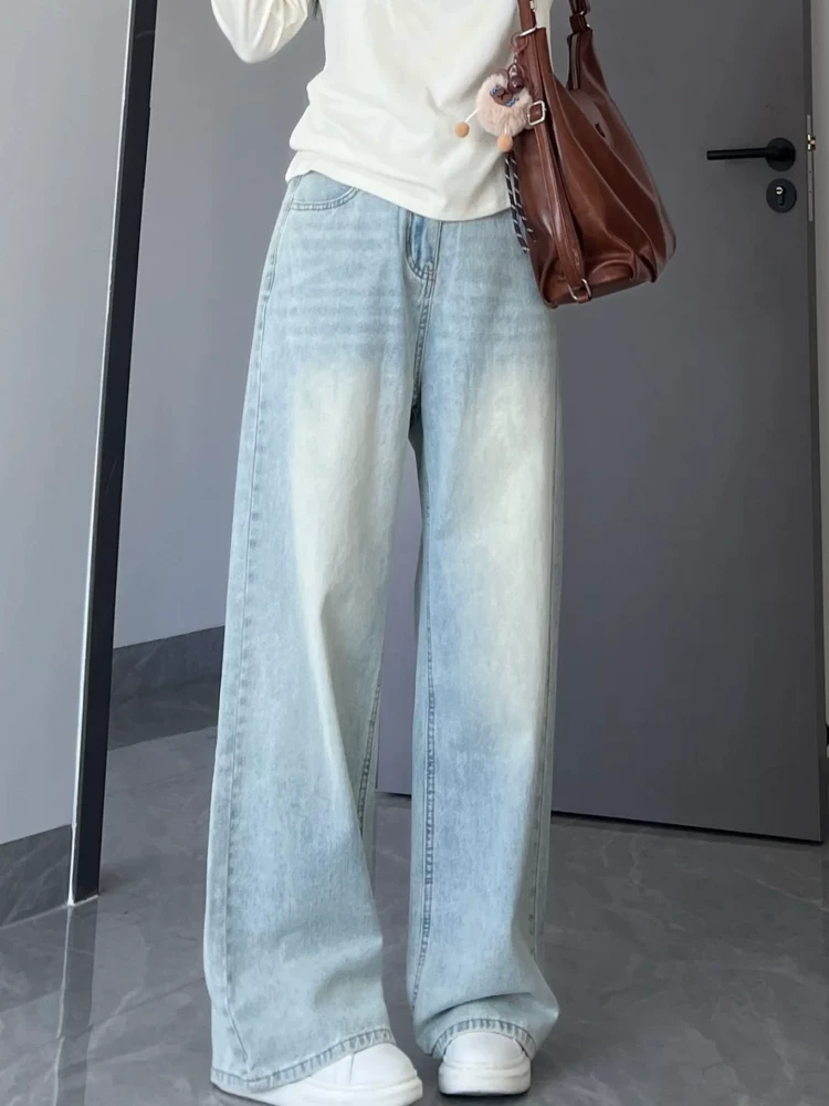 Quần jean ống rộng màu sáng cho nữ, kiểu dáng mỏng mùa hè, cỡ lớn, lưng cao, dáng rộng, giảm béo, dáng quả lê, quần dài ống thẳng