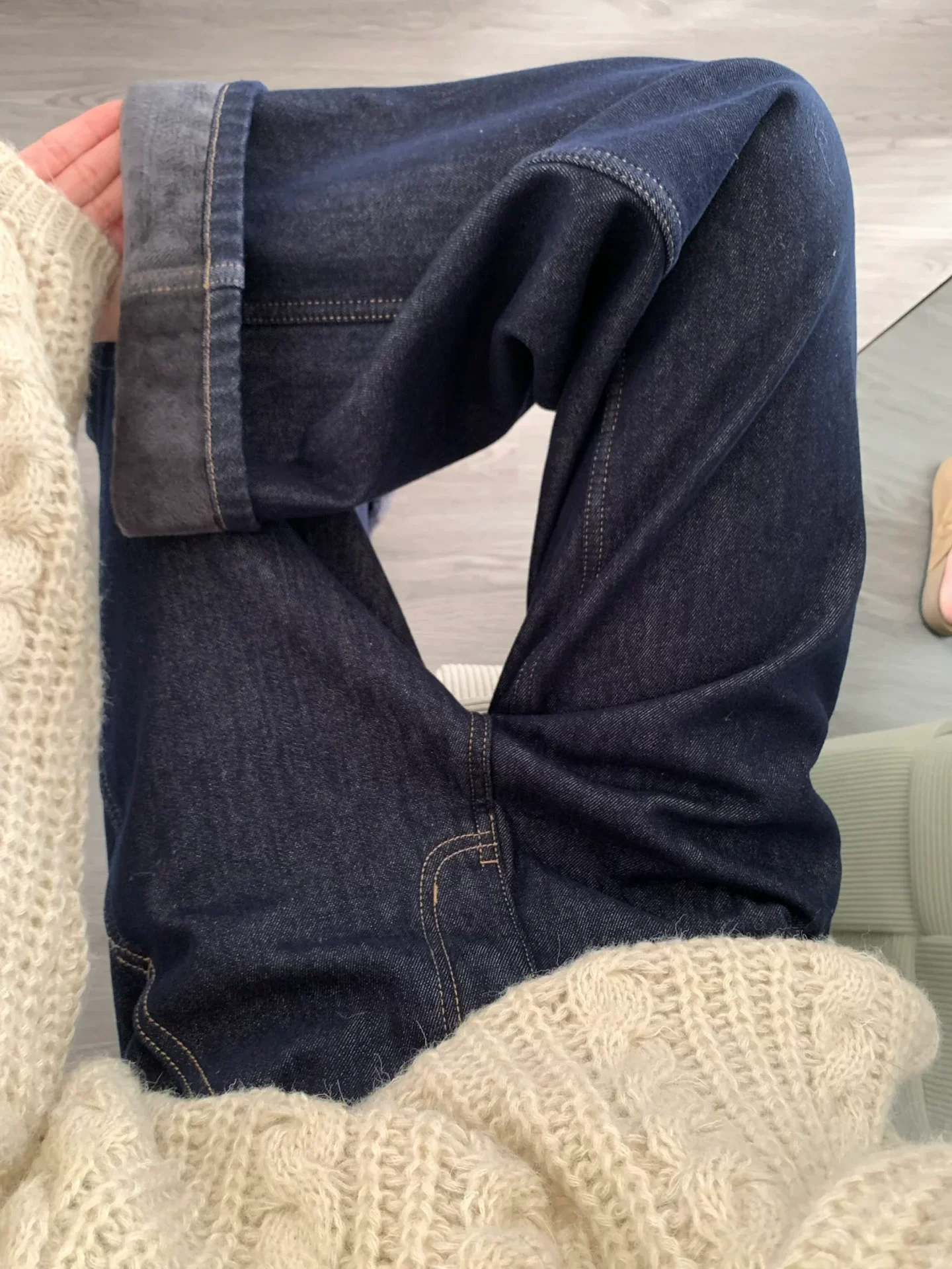 Quần jean ống rộng màu xanh đậm dành cho nữ, phong cách thu đông, lót lông cừu, cỡ lớn, lưng cao, dáng rộng, giảm béo, quần ống thẳng dày.