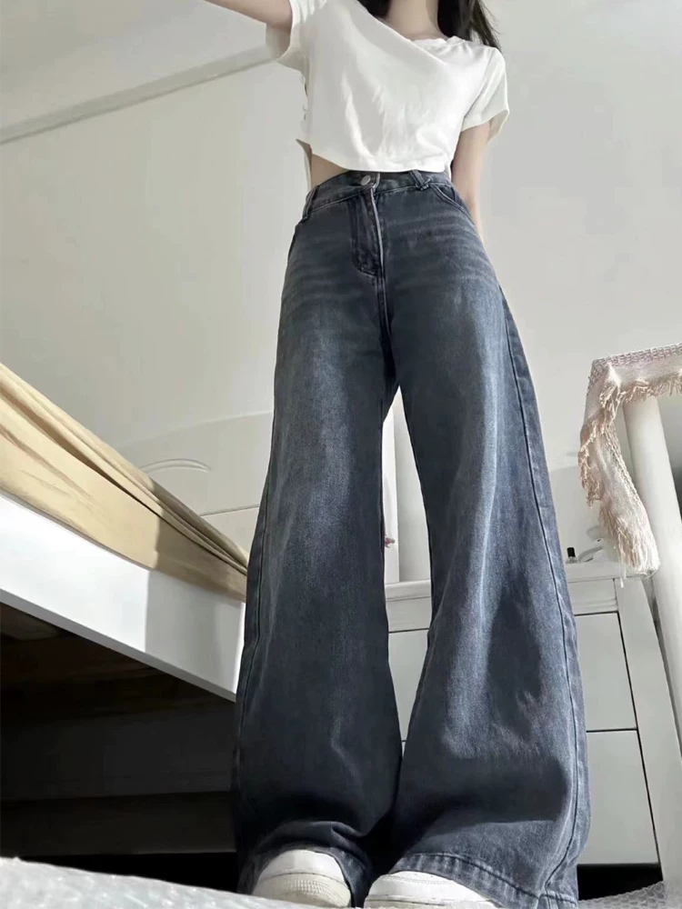 Quần jean ống loe màu đen và xám dành cho nữ, kiểu dáng mùa thu mới, cỡ lớn, cạp cao, dáng rộng, che hông, giảm béo, quần ống rộng chuông.